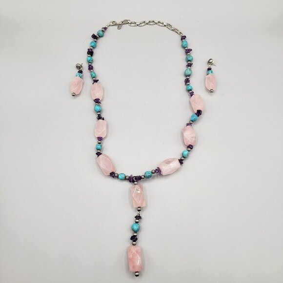 Relios Carolyn Pollack Rose Quartz Amethyst Turquoise 925 Necklace Earrings - Picture 1 of 7